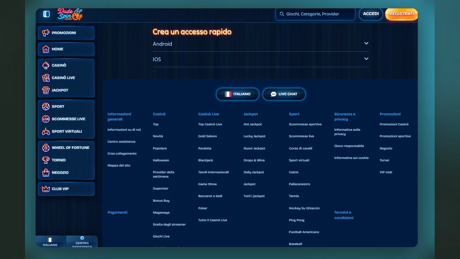 La pagina Crea un accesso rapido di Dudespin con le voci Android e iOS e l'elenco delle sezioni del sito