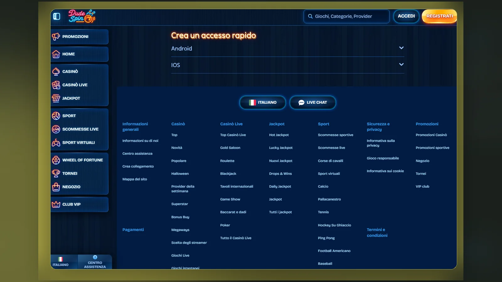 La pagina Crea un accesso rapido di Dudespin con le voci Android e iOS e l'elenco delle sezioni del sito
