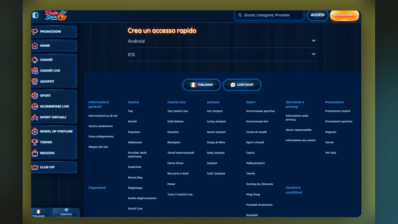 La pagina Crea un accesso rapido di Dudespin con le voci Android e iOS e l'elenco delle sezioni del sito
